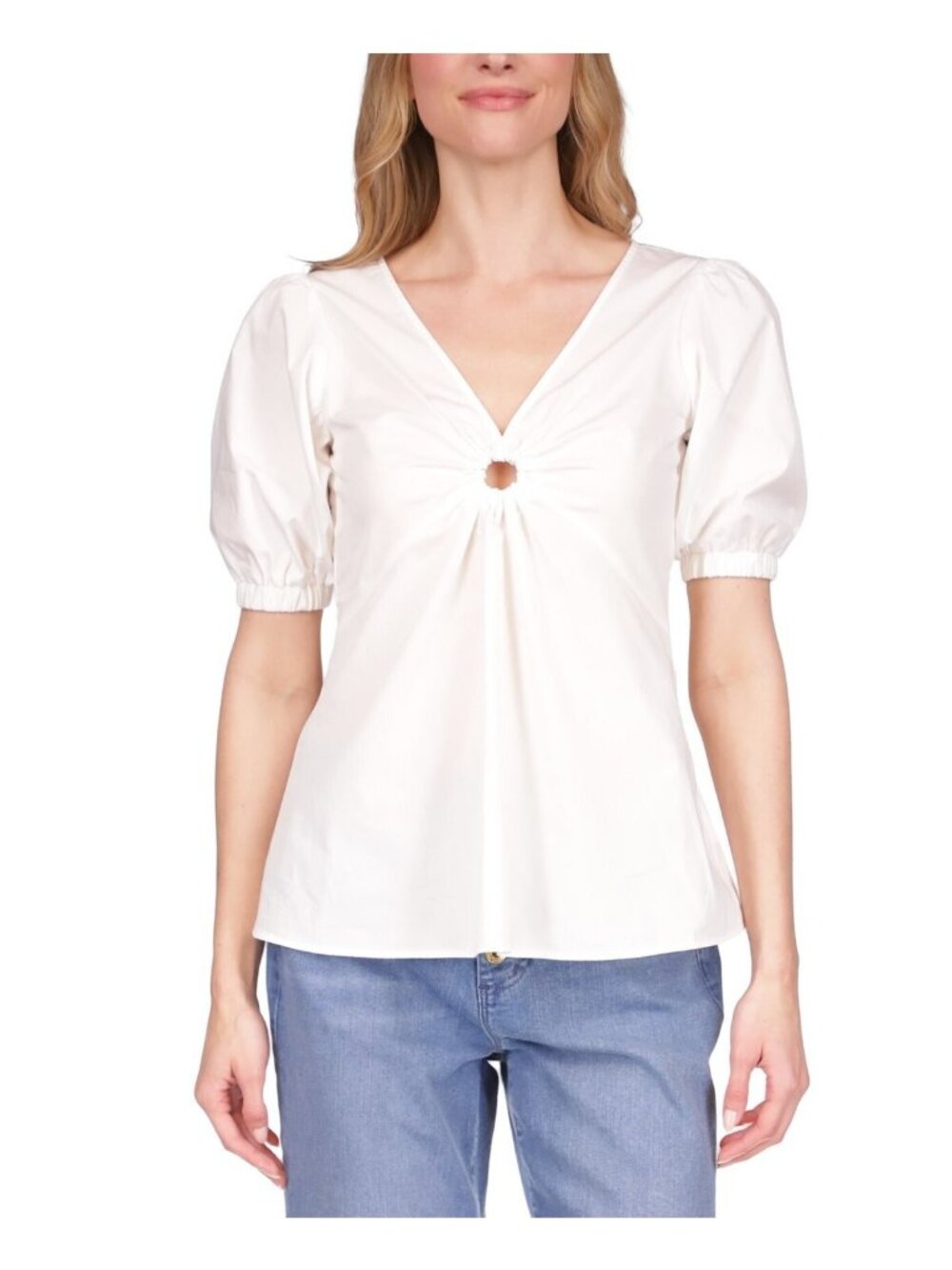 Michael Kors *Minor Error* Puff Sleeve Ring Cotton Top Blouse White Size S $110